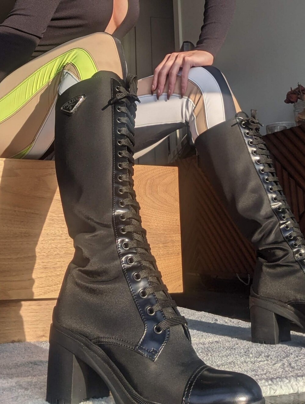 Authentic Prada Nylon Tall Lace-Up Combat Boots